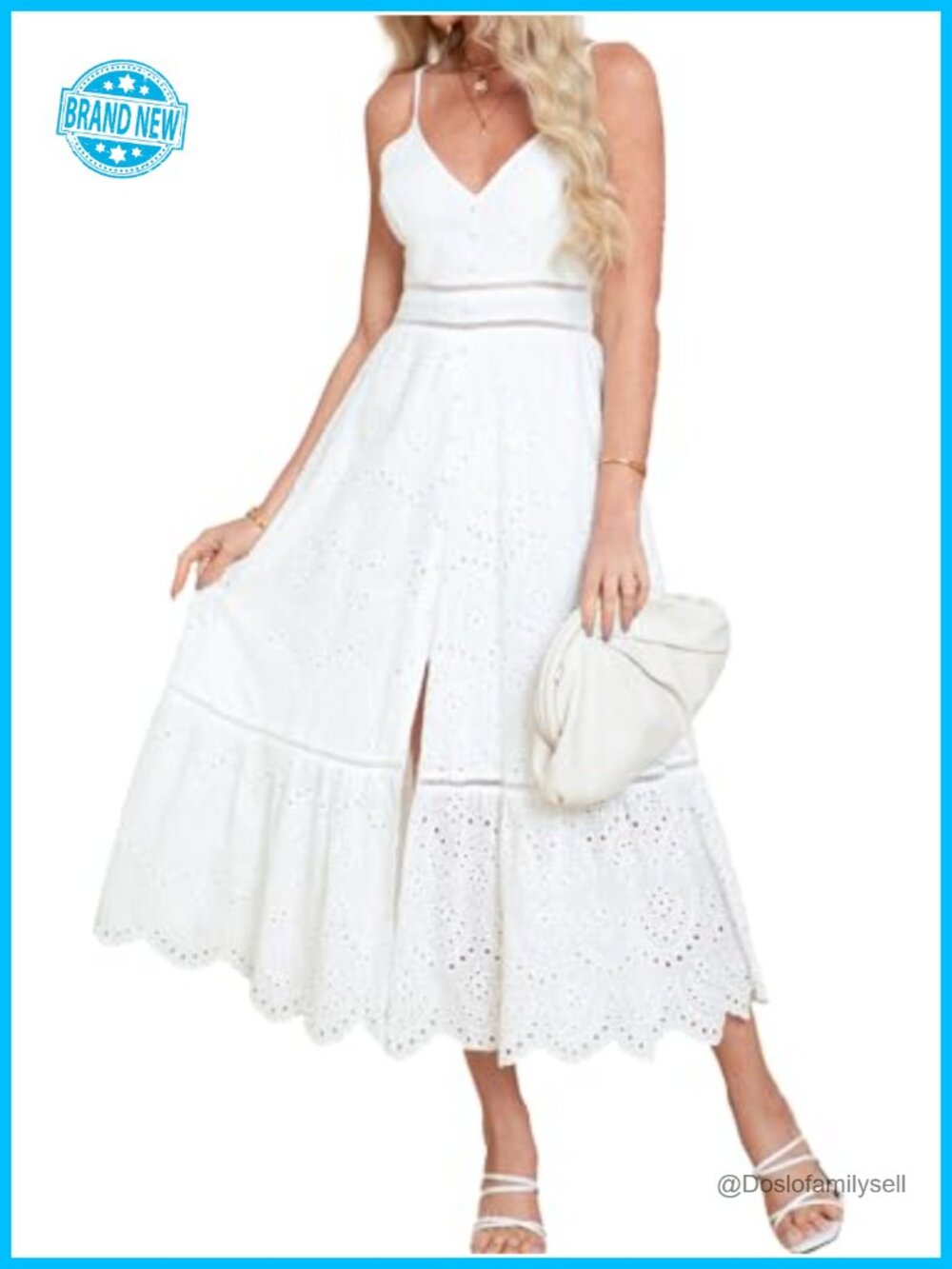 Embroidery Pearl Button Down V Neck Spaghetti Strap Maxi Dress